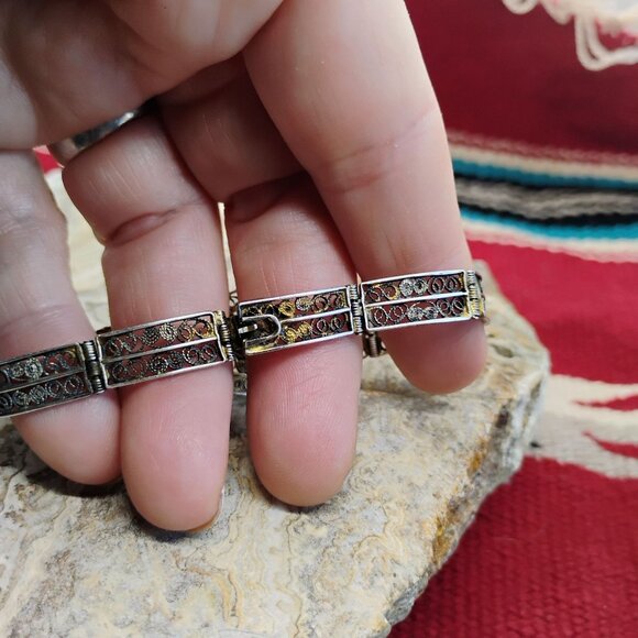 Antique Victorian 800 Silver Filigree Mother of Pearl MOP Cameo Bracelet - Picture 7 of 13